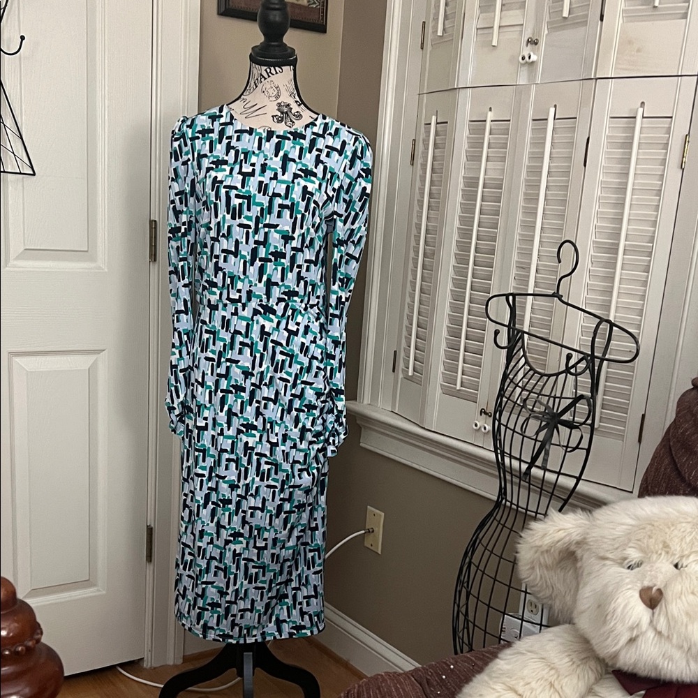 Eliza J Geometric Long Sleeve Dress in Blue and Black